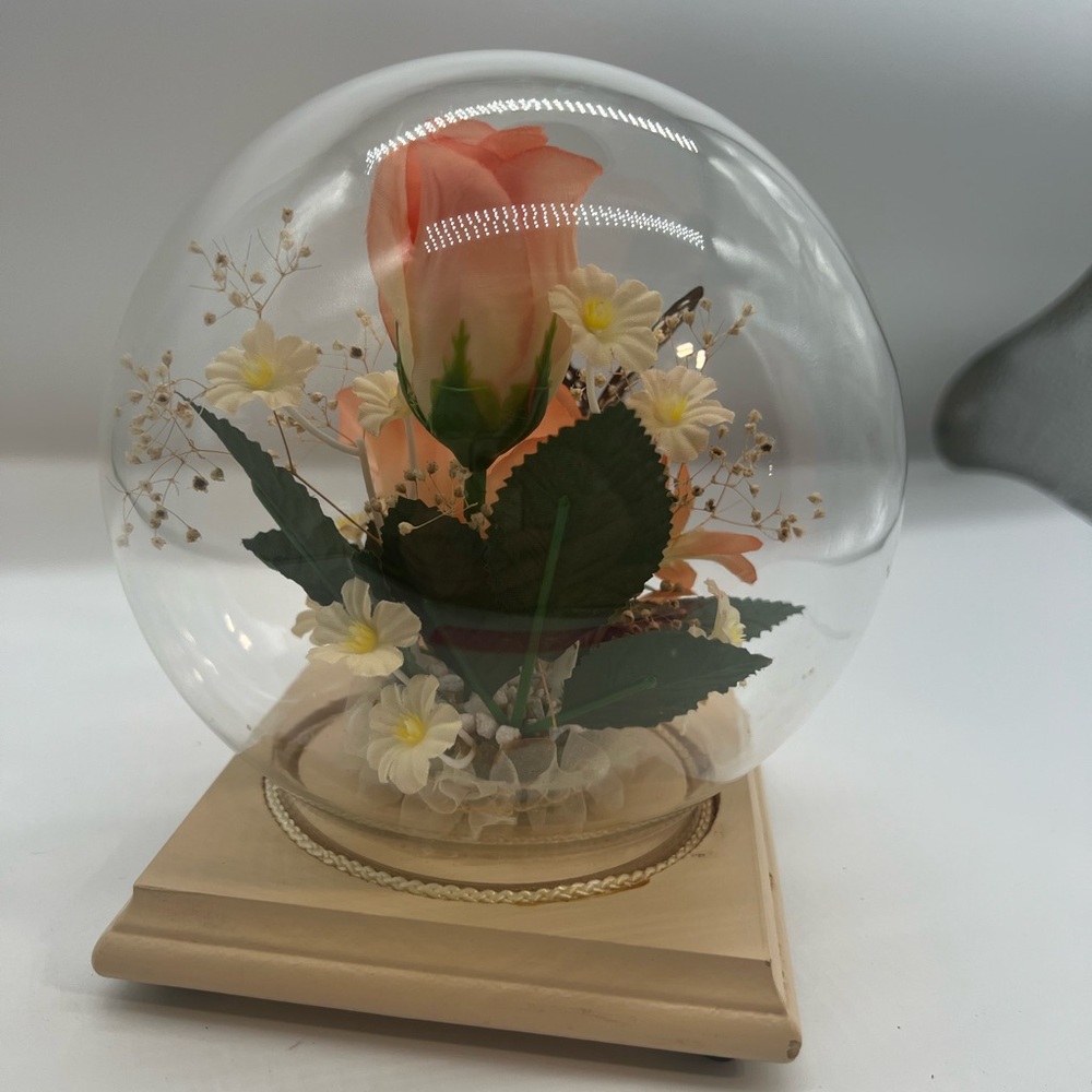 Vintage Romantic Faux Floral Glass Dome with Peach Rose & butterflies